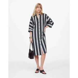 MADEWELL Dolman Midi Shirtdress in Stripe Poplin XXS Summit Green Button NWT